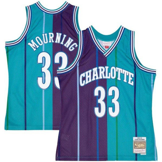 Charlotte Hornets #33 Alonzo Mourning Teal/Purple 1992-93 Mitchell & Ness Swingman Stitched Jersey